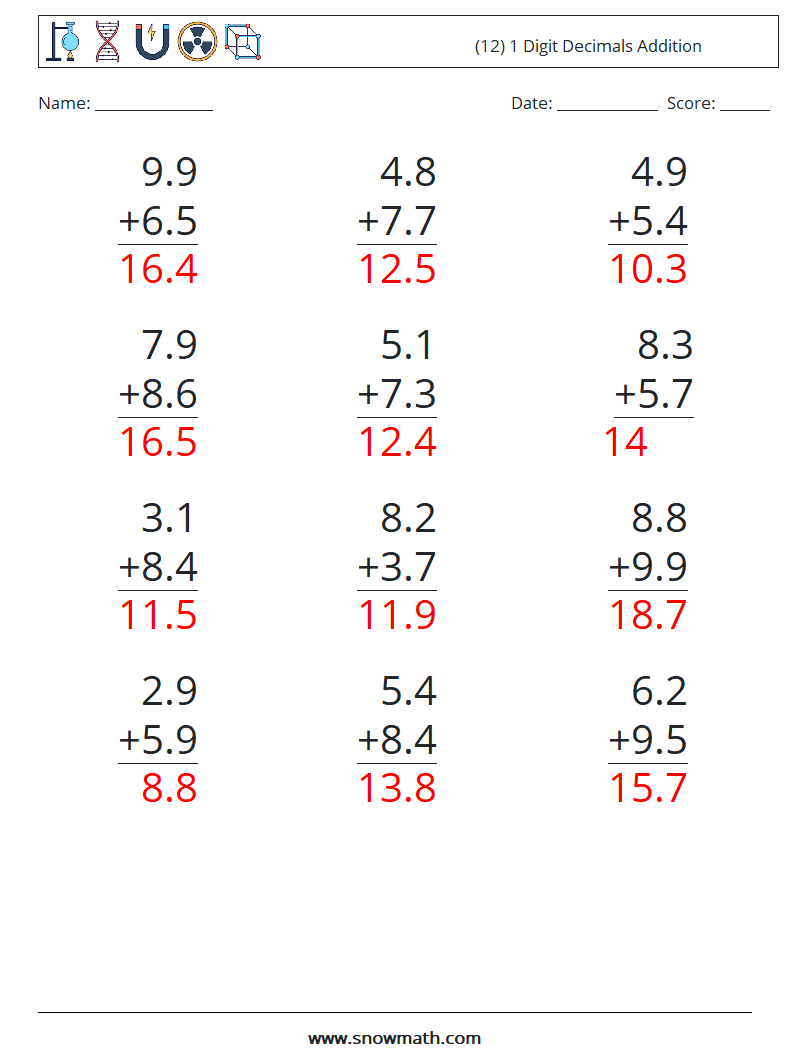 (12) 1 Digit Decimals Addition Math Worksheets 3 Question, Answer