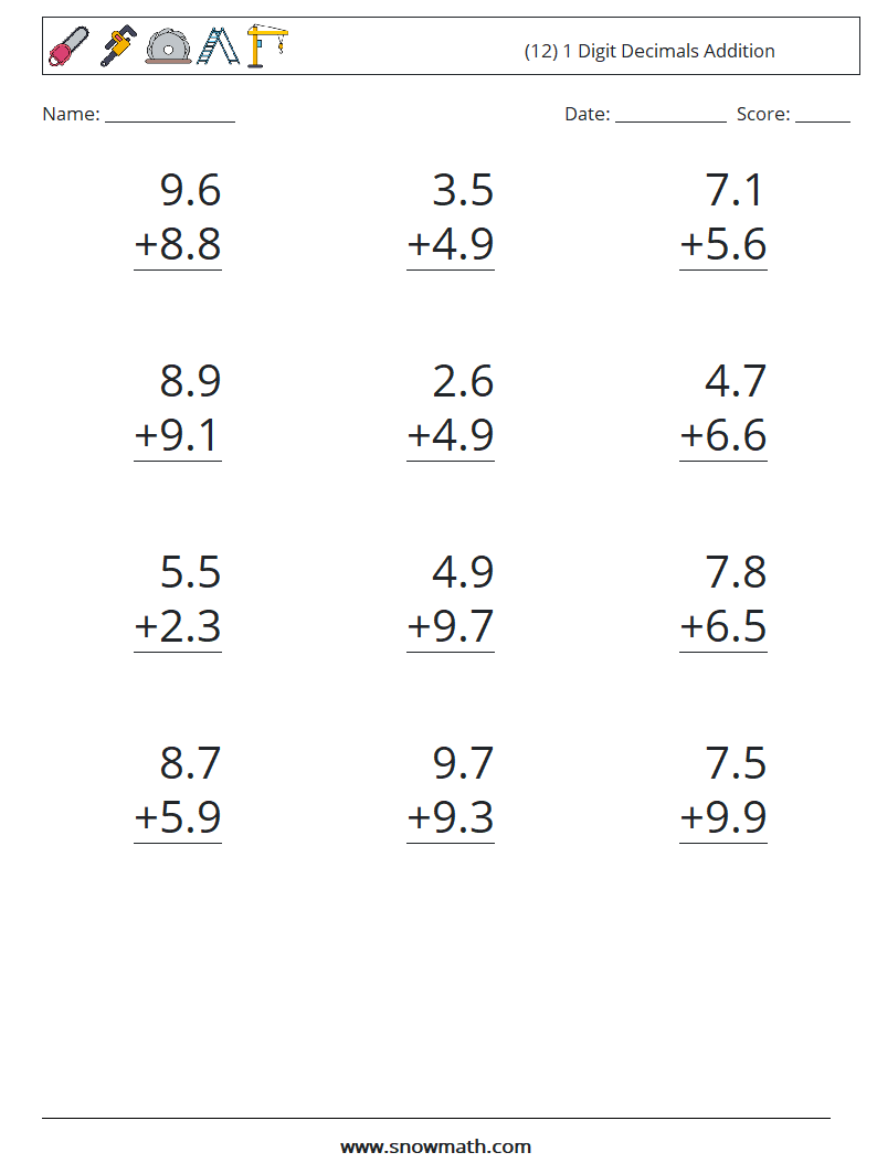 (12) 1 Digit Decimals Addition Math Worksheets 4