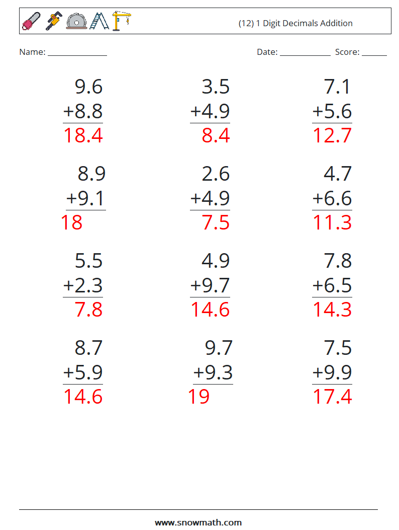 (12) 1 Digit Decimals Addition Math Worksheets 4 Question, Answer