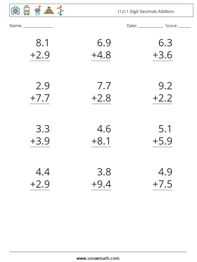 (12) 1 Digit Decimals Addition Maths Worksheets 5