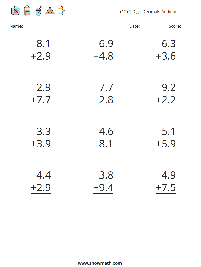 (12) 1 Digit Decimals Addition Math Worksheets 5