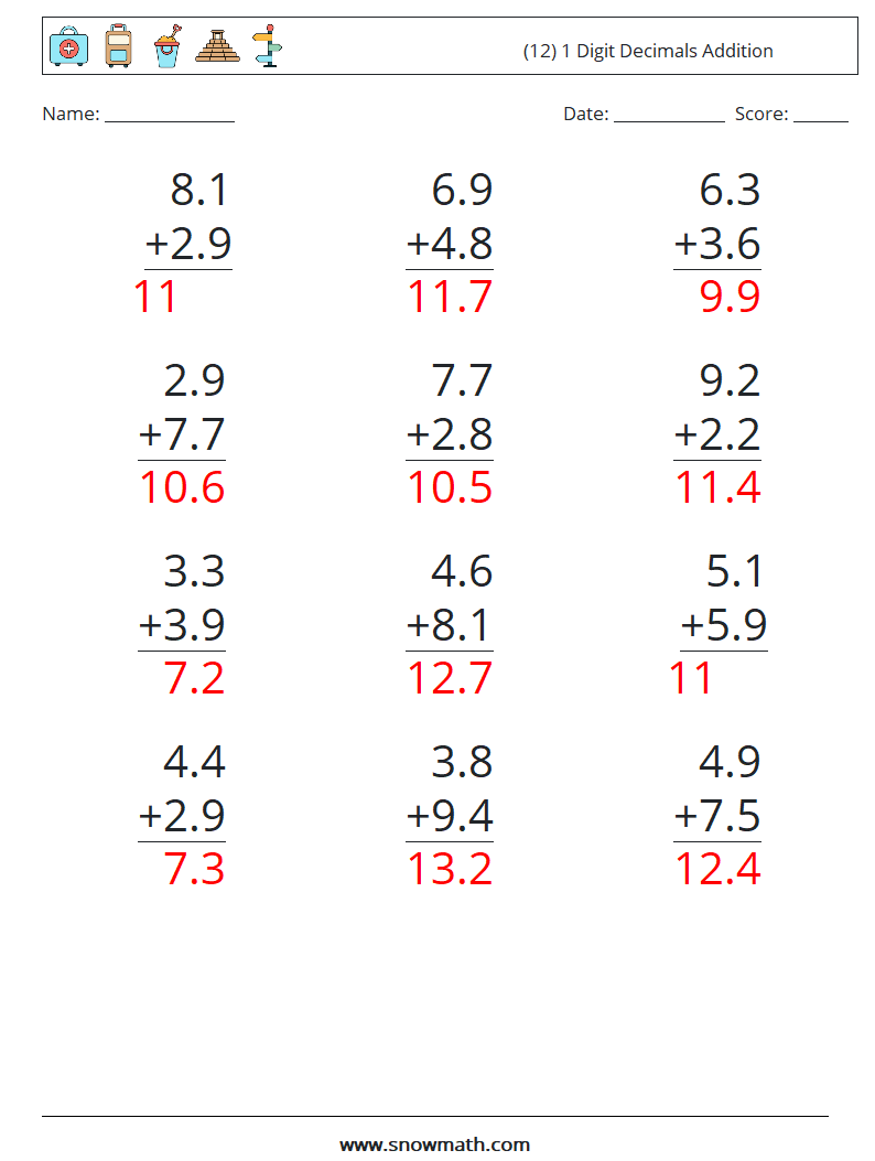 (12) 1 Digit Decimals Addition Math Worksheets 5 Question, Answer