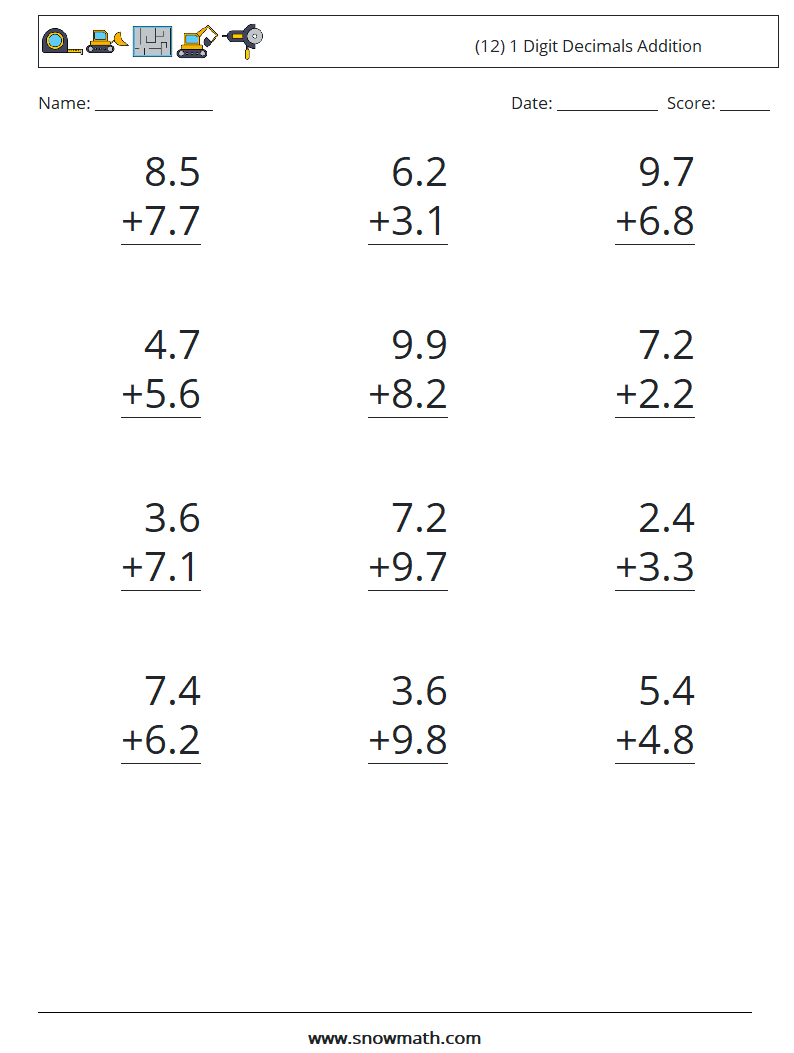 (12) 1 Digit Decimals Addition Math Worksheets 6