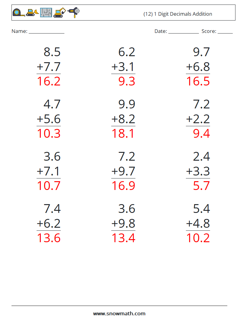 (12) 1 Digit Decimals Addition Math Worksheets 6 Question, Answer