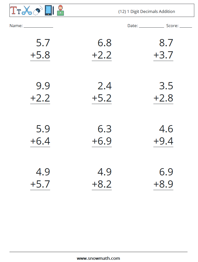 (12) 1 Digit Decimals Addition Math Worksheets 7