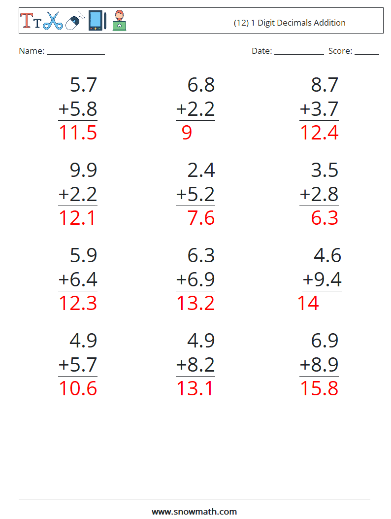 (12) 1 Digit Decimals Addition Math Worksheets 7 Question, Answer