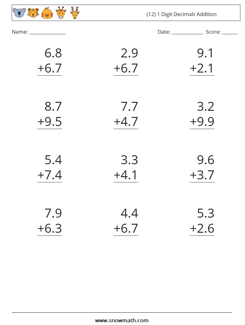 (12) 1 Digit Decimals Addition Math Worksheets 8