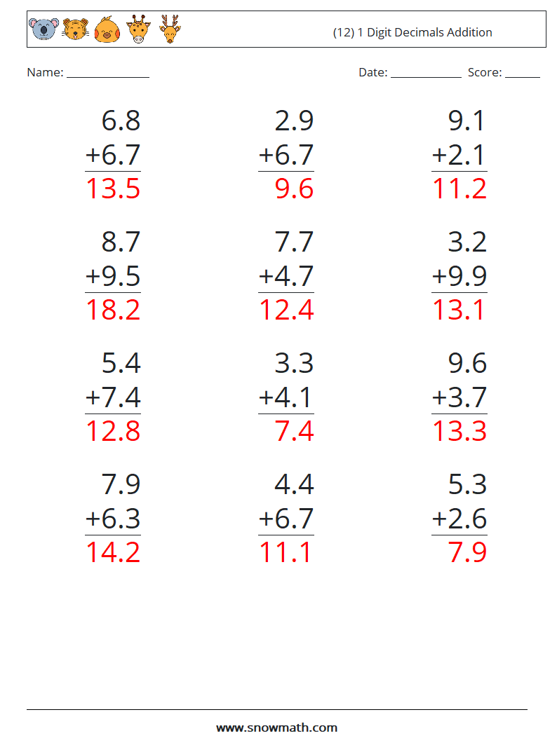 (12) 1 Digit Decimals Addition Math Worksheets 8 Question, Answer