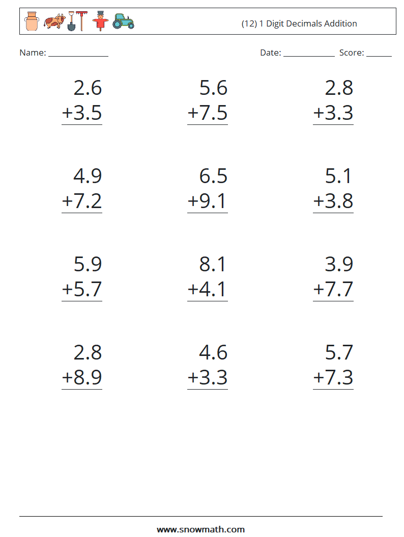 (12) 1 Digit Decimals Addition Math Worksheets 9