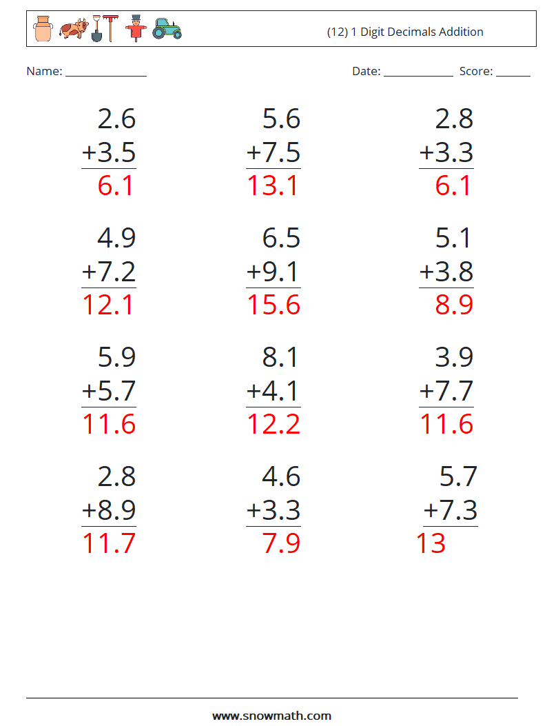 (12) 1 Digit Decimals Addition Math Worksheets 9 Question, Answer