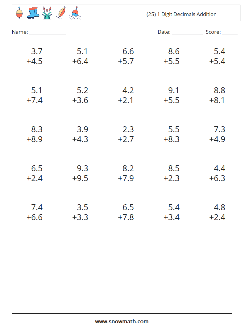 (25) 1 Digit Decimals Addition Math Worksheets 10