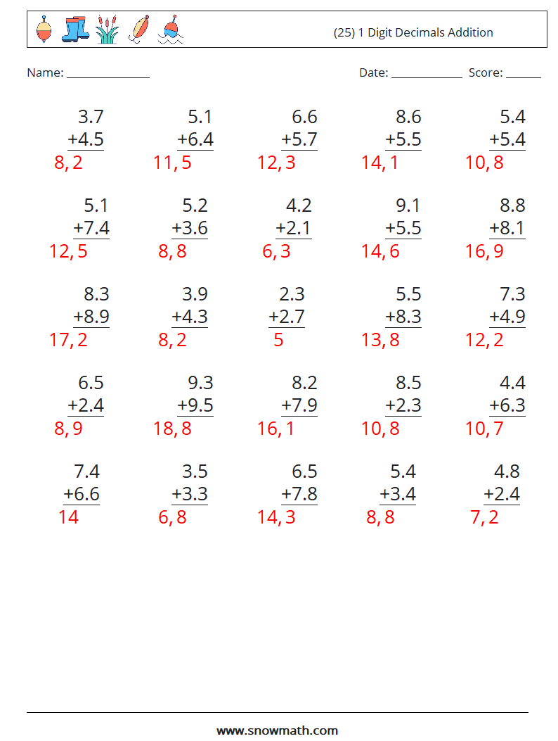 (25) 1 Digit Decimals Addition Math Worksheets 10 Question, Answer