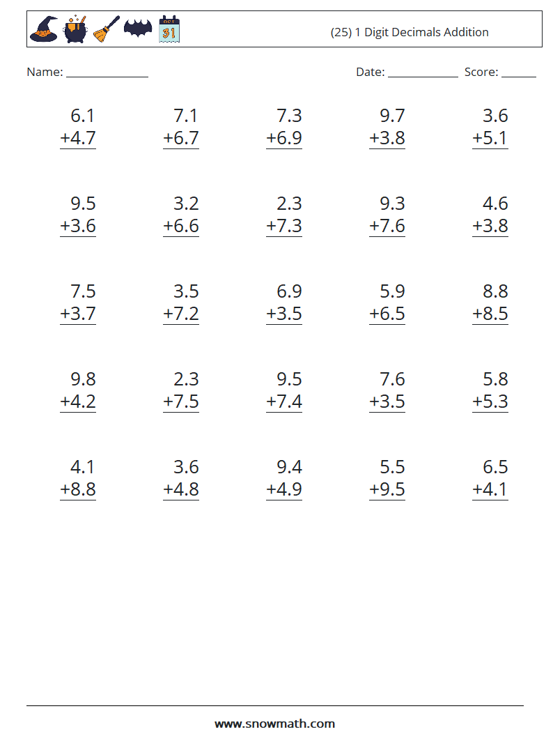 (25) 1 Digit Decimals Addition Maths Worksheets 11