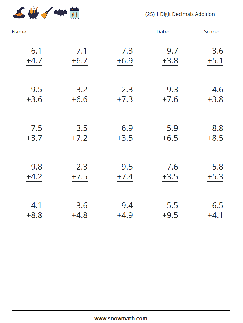 (25) 1 Digit Decimals Addition Math Worksheets 11