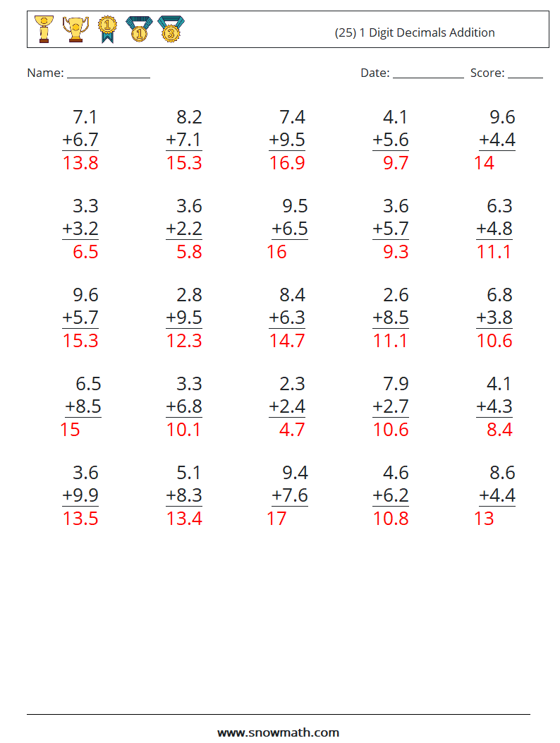 (25) 1 Digit Decimals Addition Math Worksheets 12 Question, Answer