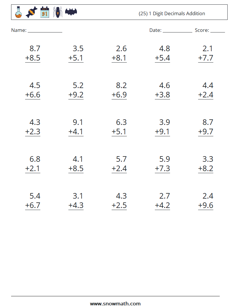 (25) 1 Digit Decimals Addition Math Worksheets 13