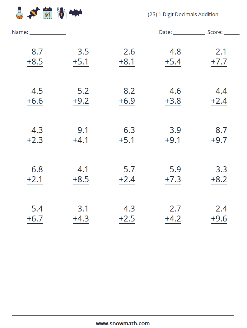 (25) 1 Digit Decimals Addition Maths Worksheets 13