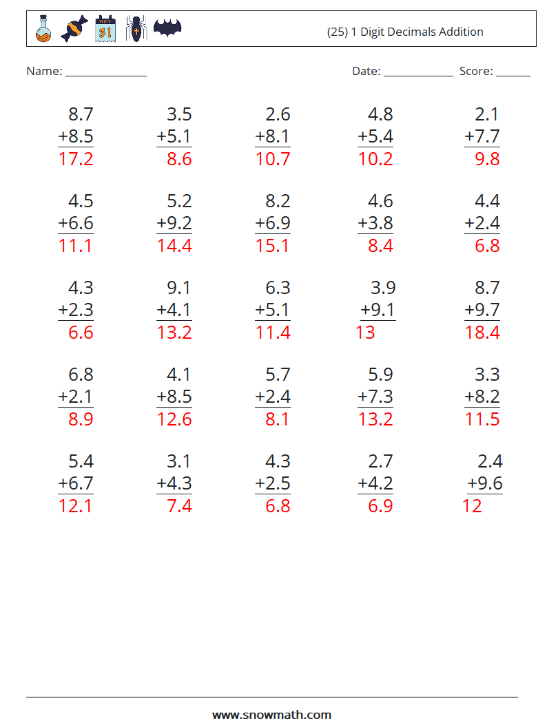 (25) 1 Digit Decimals Addition Math Worksheets 13 Question, Answer