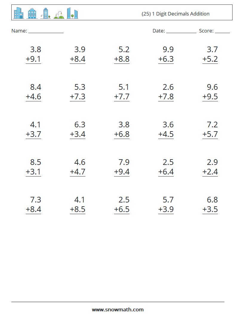 (25) 1 Digit Decimals Addition Math Worksheets 14