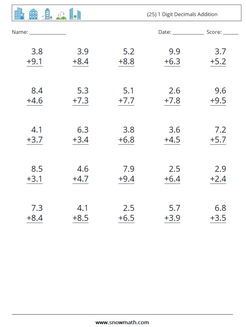 (25) 1 Digit Decimals Addition Maths Worksheets 14