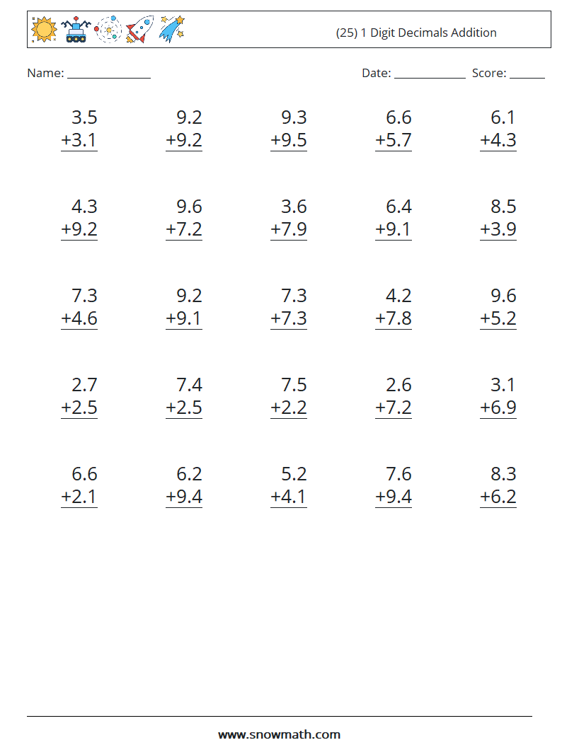 (25) 1 Digit Decimals Addition Math Worksheets 15