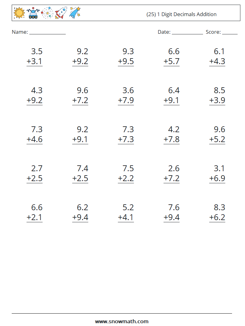 (25) 1 Digit Decimals Addition Maths Worksheets 15