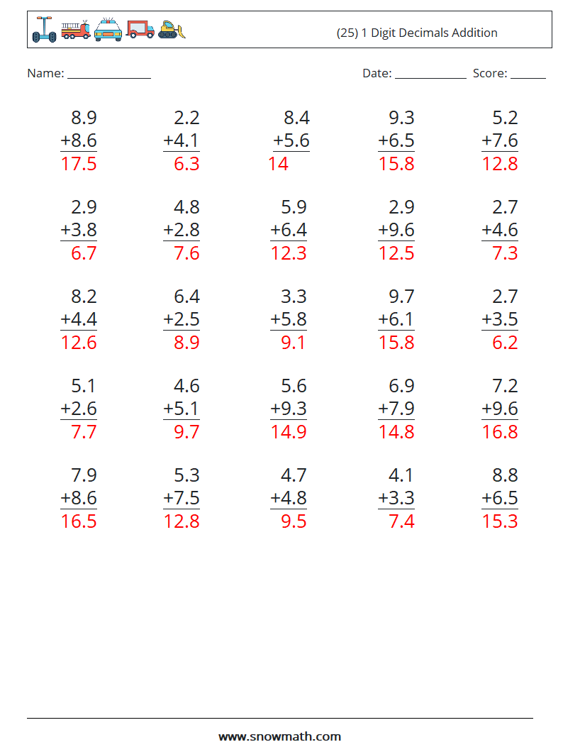 (25) 1 Digit Decimals Addition Math Worksheets 16 Question, Answer