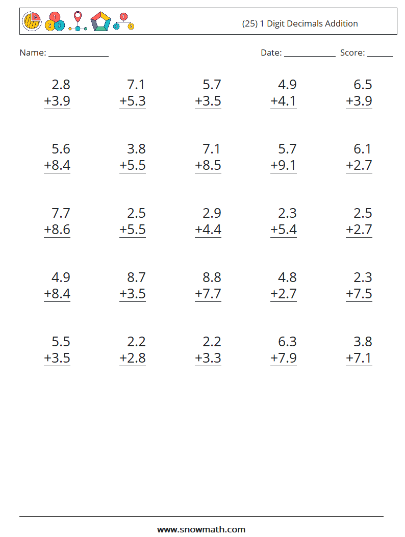 (25) 1 Digit Decimals Addition Math Worksheets 17