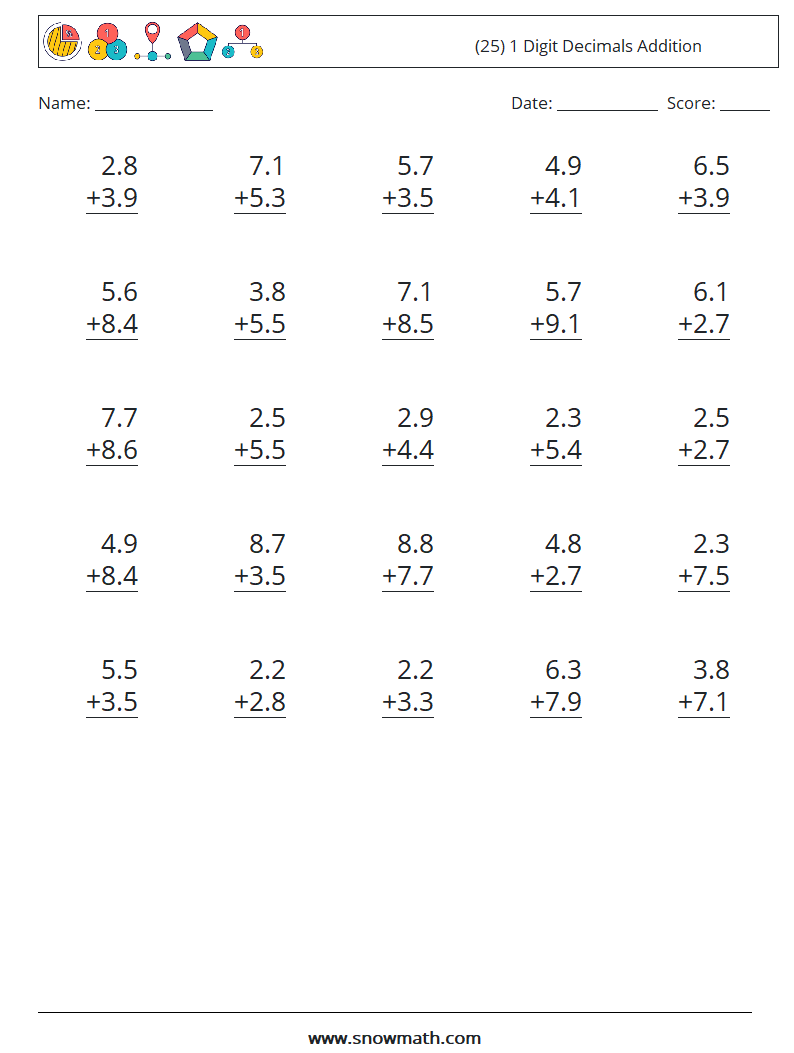 (25) 1 Digit Decimals Addition Maths Worksheets 17