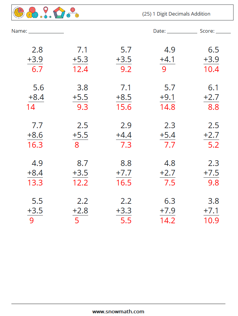 (25) 1 Digit Decimals Addition Math Worksheets 17 Question, Answer