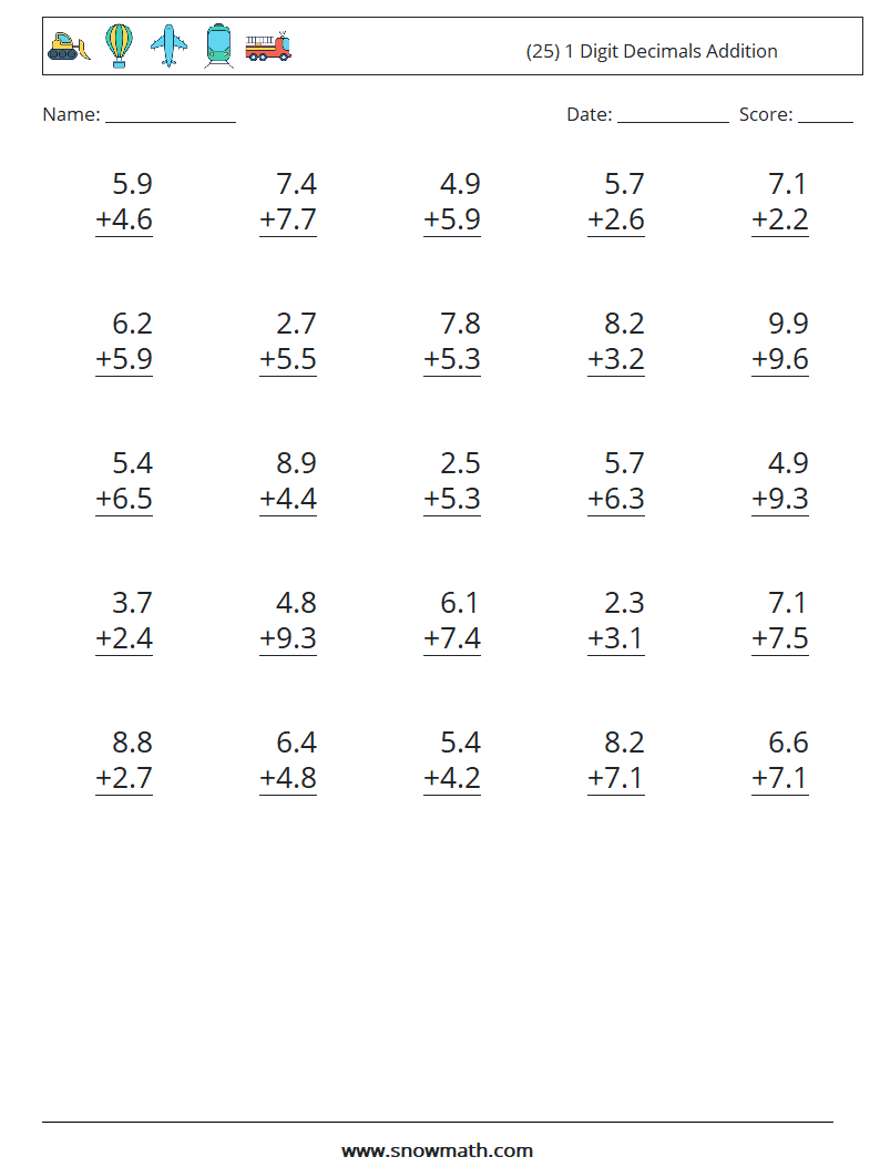 (25) 1 Digit Decimals Addition Maths Worksheets 18