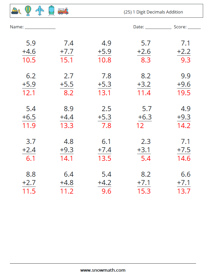 (25) 1 Digit Decimals Addition Math Worksheets 18 Question, Answer