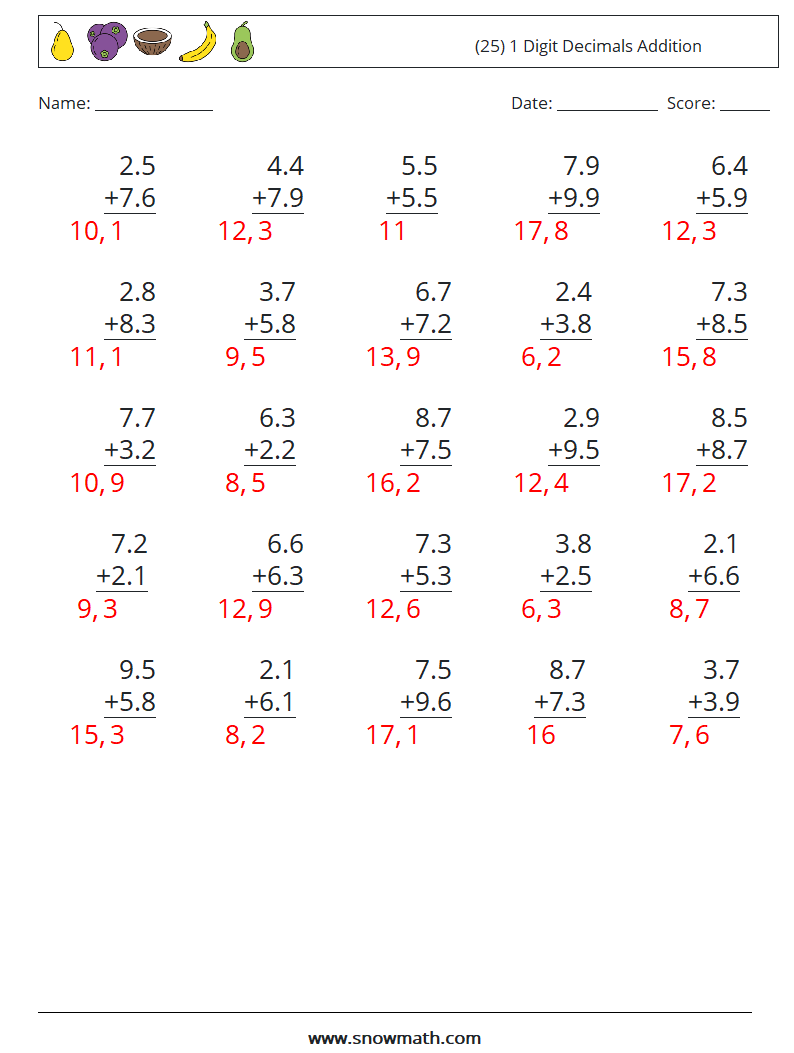 (25) 1 Digit Decimals Addition Math Worksheets 1 Question, Answer
