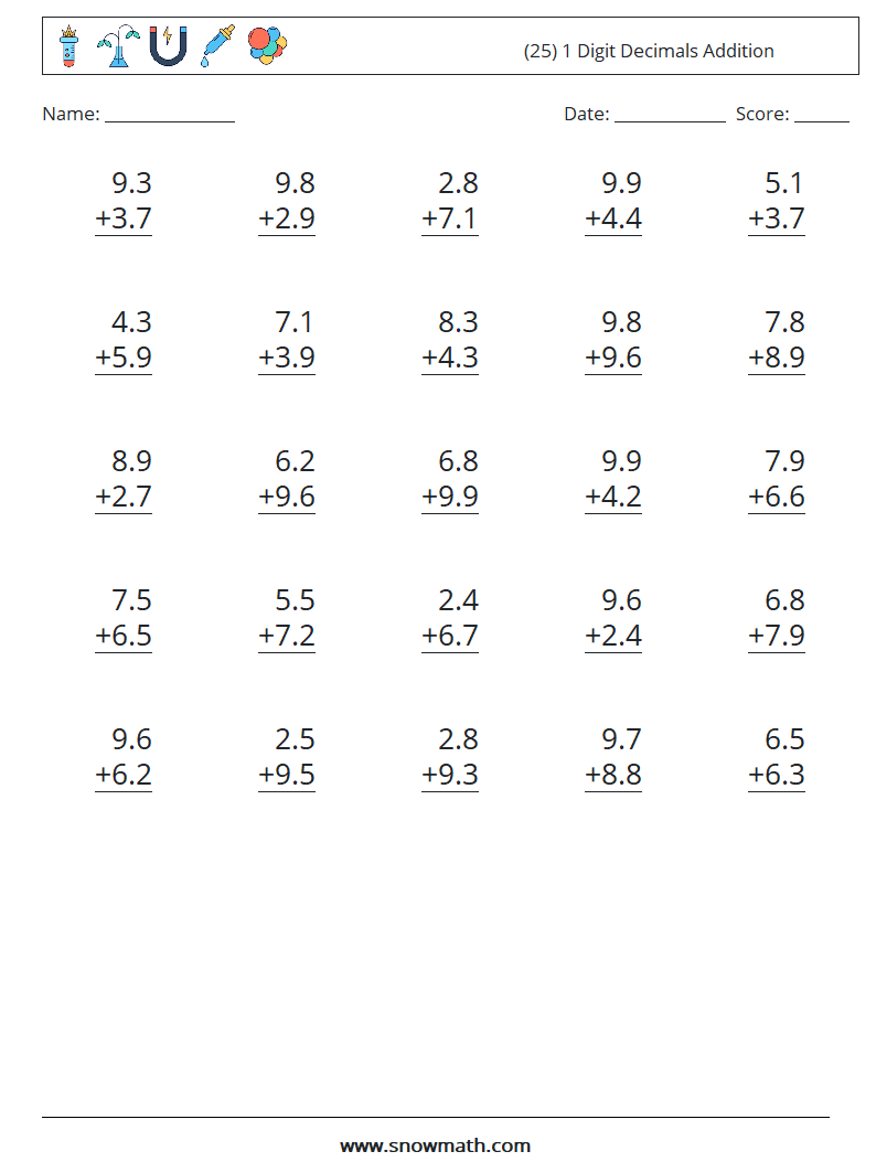 (25) 1 Digit Decimals Addition Math Worksheets 2