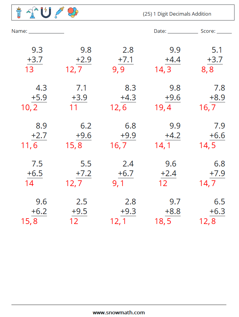 (25) 1 Digit Decimals Addition Math Worksheets 2 Question, Answer