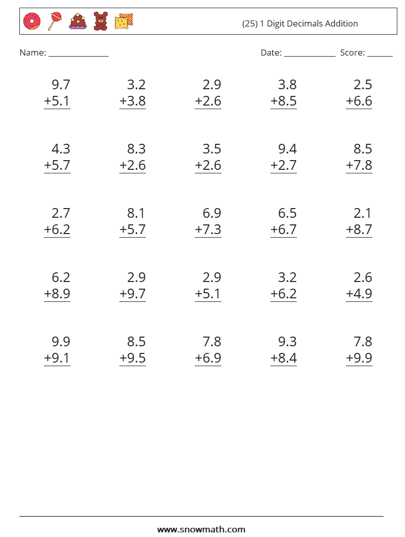 (25) 1 Digit Decimals Addition Math Worksheets 3