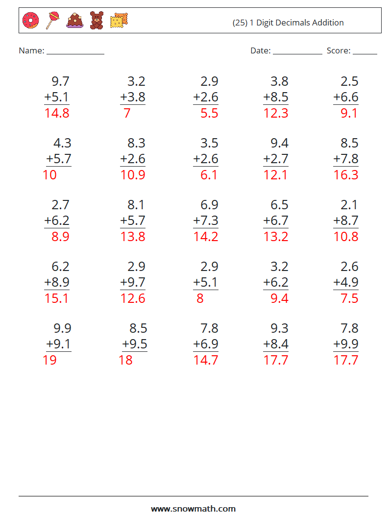 (25) 1 Digit Decimals Addition Math Worksheets 3 Question, Answer