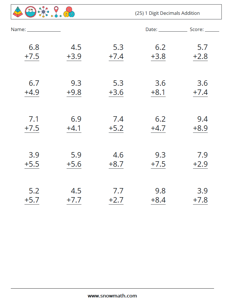 (25) 1 Digit Decimals Addition Math Worksheets 4