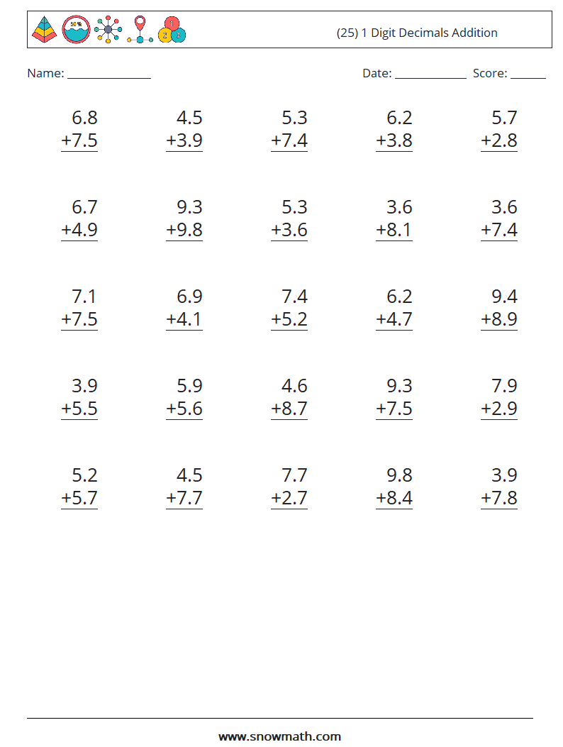 (25) 1 Digit Decimals Addition Maths Worksheets 4