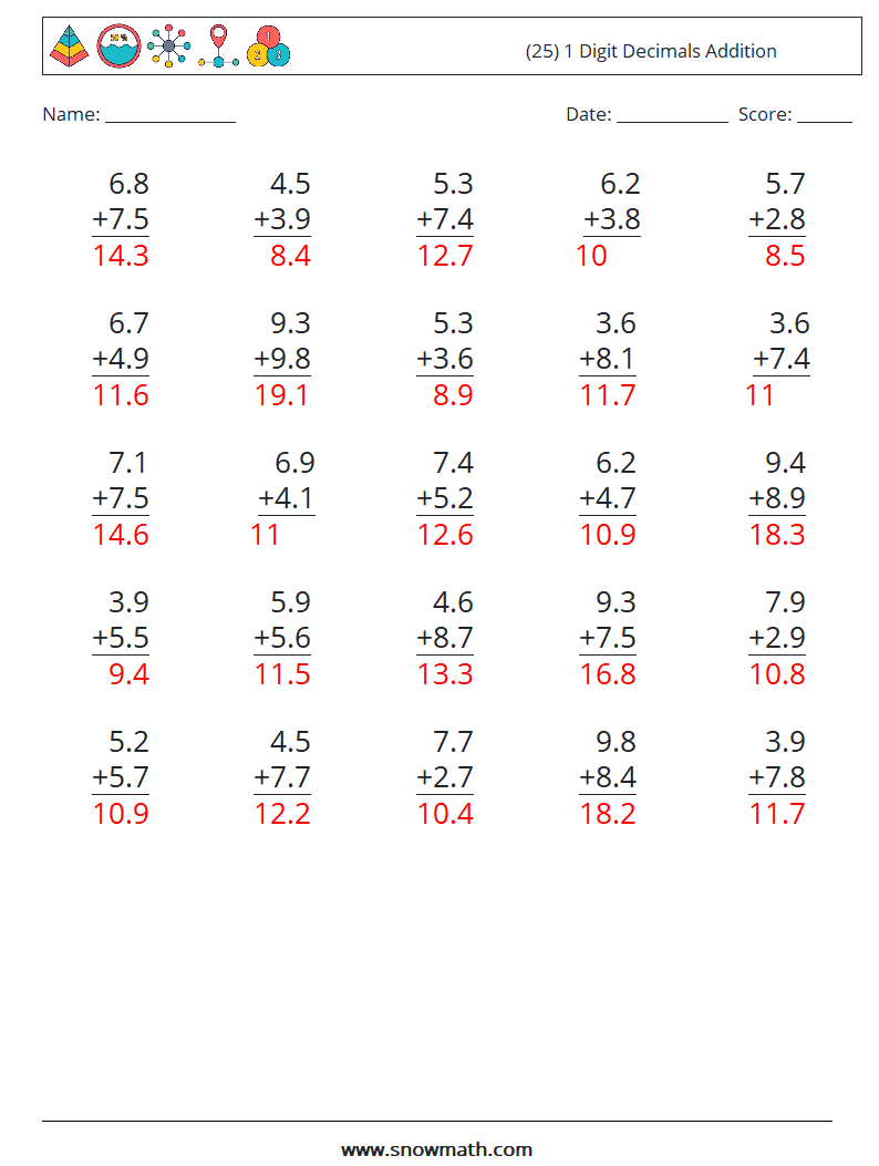 (25) 1 Digit Decimals Addition Math Worksheets 4 Question, Answer