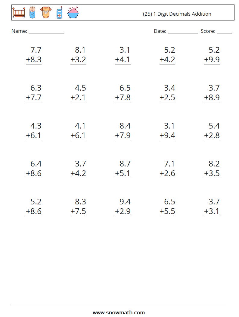 (25) 1 Digit Decimals Addition Math Worksheets 5