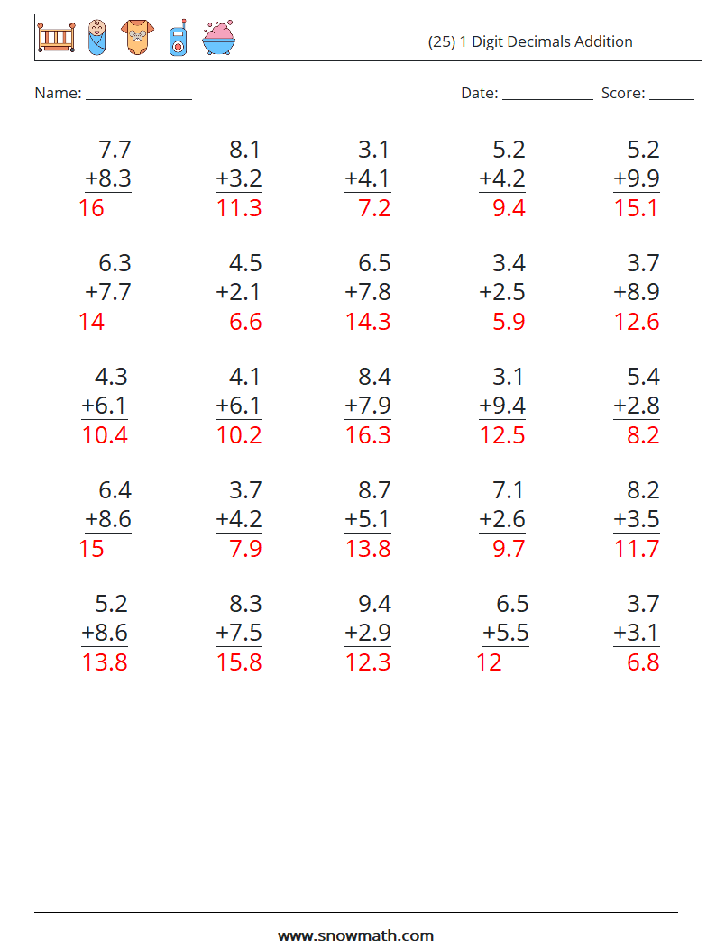 (25) 1 Digit Decimals Addition Math Worksheets 5 Question, Answer