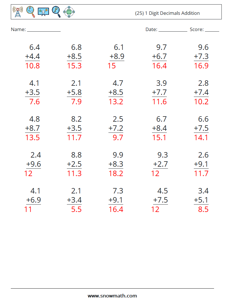 (25) 1 Digit Decimals Addition Math Worksheets 6 Question, Answer