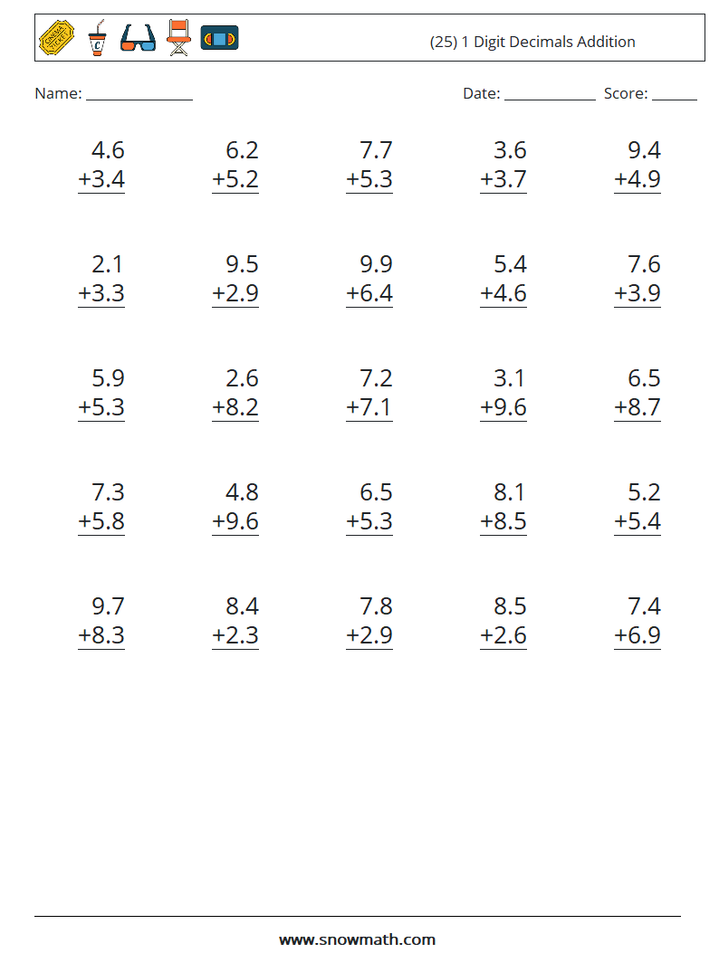 (25) 1 Digit Decimals Addition Maths Worksheets 7