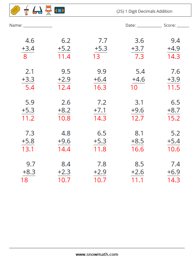 (25) 1 Digit Decimals Addition Math Worksheets 7 Question, Answer