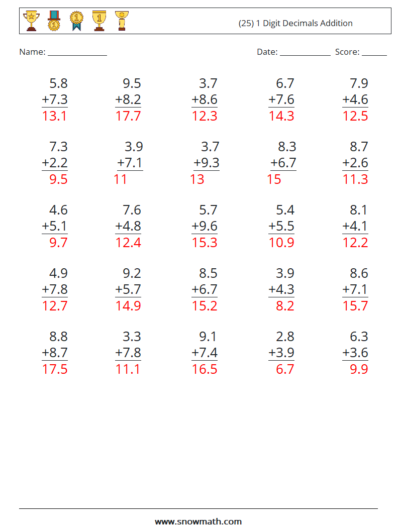 (25) 1 Digit Decimals Addition Math Worksheets 8 Question, Answer