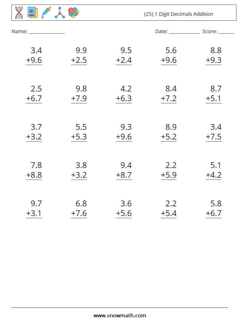(25) 1 Digit Decimals Addition Math Worksheets 9