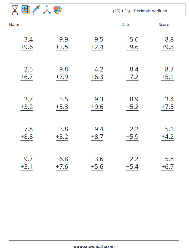 (25) 1 Digit Decimals Addition Maths Worksheets 9