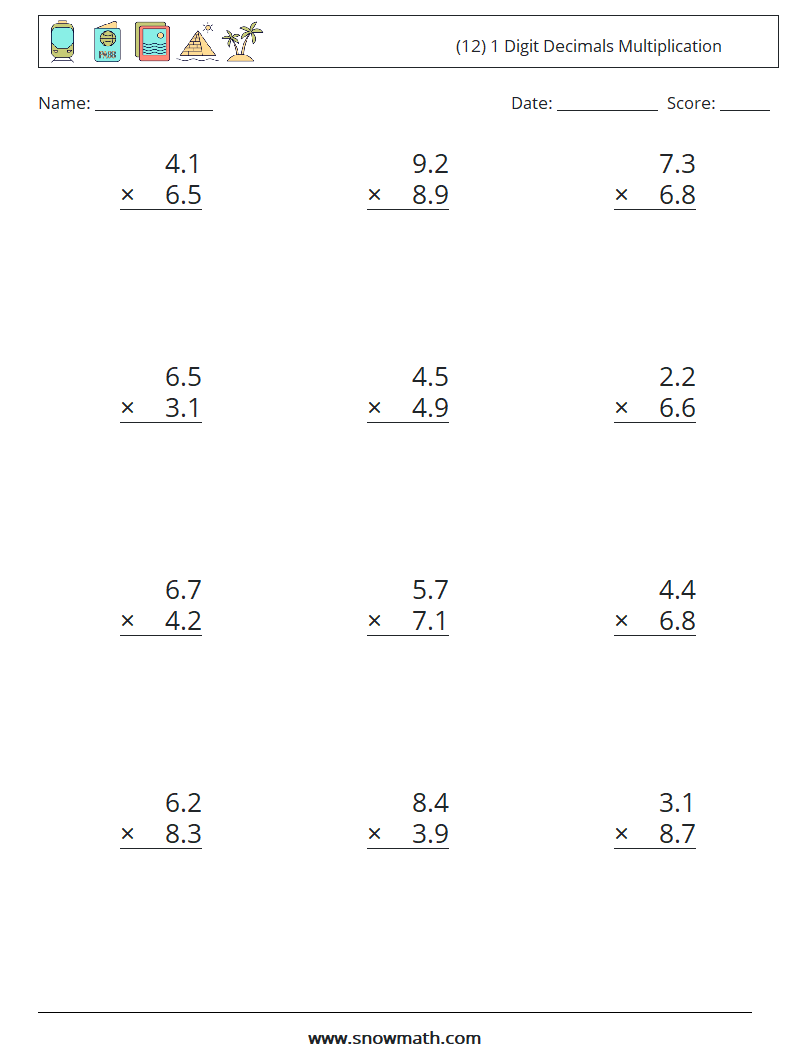 (12) 1 Digit Decimals Multiplication Maths Worksheets 1