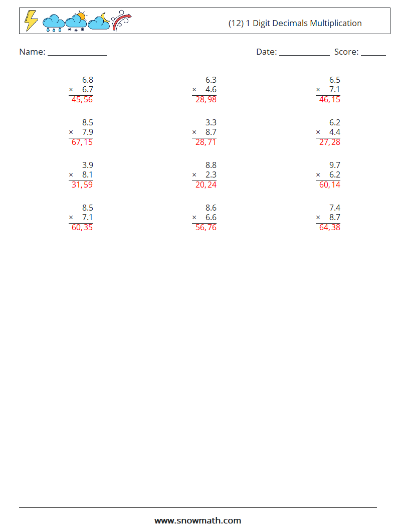 (12) 1 Digit Decimals Multiplication Math Worksheets 10 Question, Answer